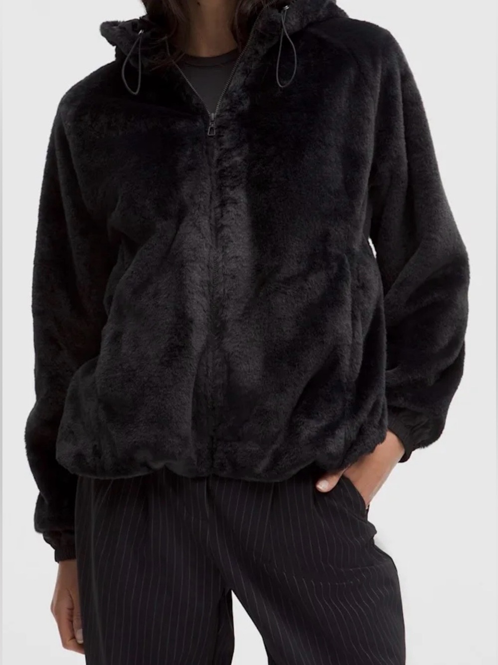 Lululemon faux fur zip up hooded jacket coat black 8 medium